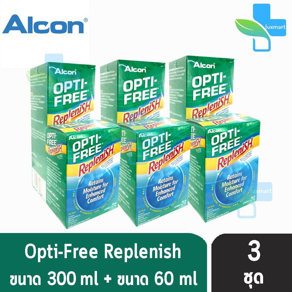 ALCON Opti Free Replenish ออฟติ ฟรี รีเพลนิช น้ำยาล้างคอนแทคเลนส์ ฟรี ตลับใส่ตอนแทคเลนส์ 300 ml [แถมฟรี 60 ml] [3 ชุด]