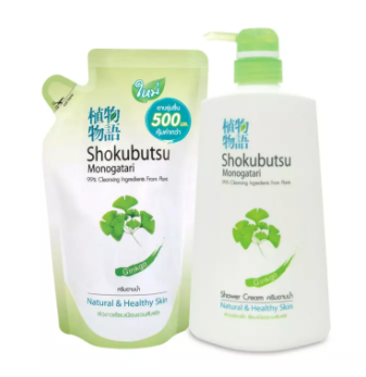 SHOKUBUTSU MONOGATARI ครีมอาบน้ำ โชกุบุสซึ โมโนกาตาริ สูตร ผิวเปล่งปลั่งเรียบเนียนชวนสัมผัส (สีเขียว) 500 มล. (ขวดปั๊ม + ถุงเติม)