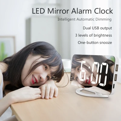 【2021 New】Multifunction LED Mirror Digital Display Clock Desk Clock Makeup Mirror Desktop Automatic Photosensitive Electronic Alarm Clok Suport USb Charging