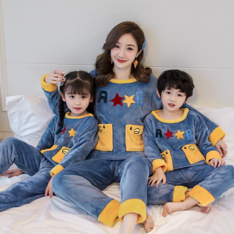 ZZOOI Disney Winnie The Pooh Winter Coral Fleece Parent-child Pajamas for A  Family of Three Thickened Cartoon Flannel Homewear Suit