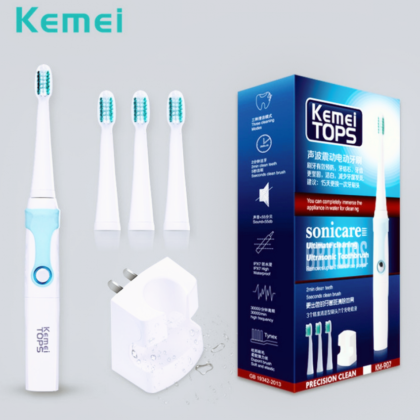 Top hit Kemei ของแท้ แปรงสีฟันไฟฟ้าไร้สายระบบอุลตร้าโซนิค พร้อมหัวแปรงอะไหล่ 3 ชุด สินค้ามีพร้อมส่ง รุ่น KM-907
