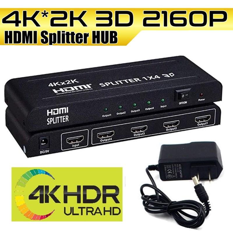 HDMI Splitter Amplifier 4Way 1x4 Hub 1 in 4 out 1080p 4K Ultra HD 3D box Power US Plug