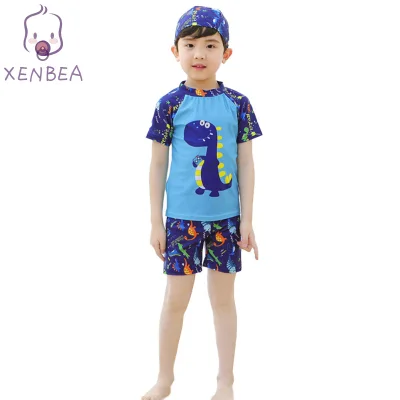XENBEA 3Pcs/set Boy Baby Split Swimsuit Tops Shorts Hat Kids Short Sleeve Cartoon Surfing Swimwear