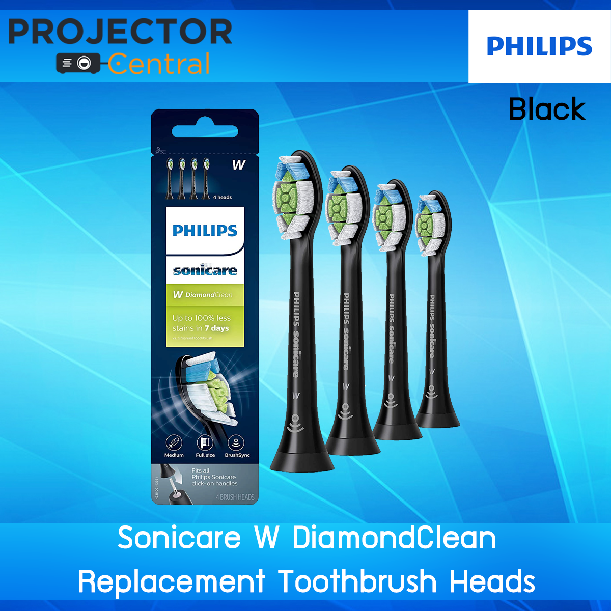 [ หัวแปรงสีฟันไฟฟ้า ] Philips Sonicare W DiamondClean replacement toothbrush heads, BrushSync technology, Black,  4 Pack