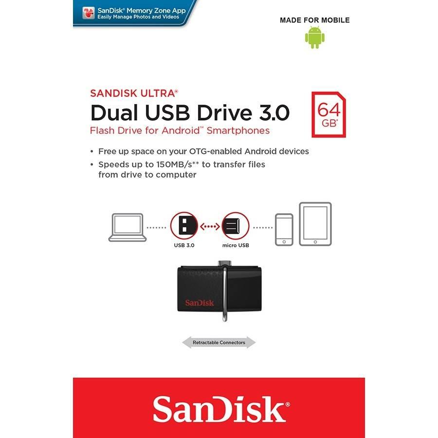 SANDISK FLASH DRIVE ULTRA DUAL USB3.0 64GB (SDDD2_064G_GAM46) Black OTG แฟลชไดร์ฟ สำหรับ โทรศัพท์ สมาร์ทโฟน และ แท็บเล็ต Android ประกันโดย Synnex รับประกัน 5 ปี (สีดำ)