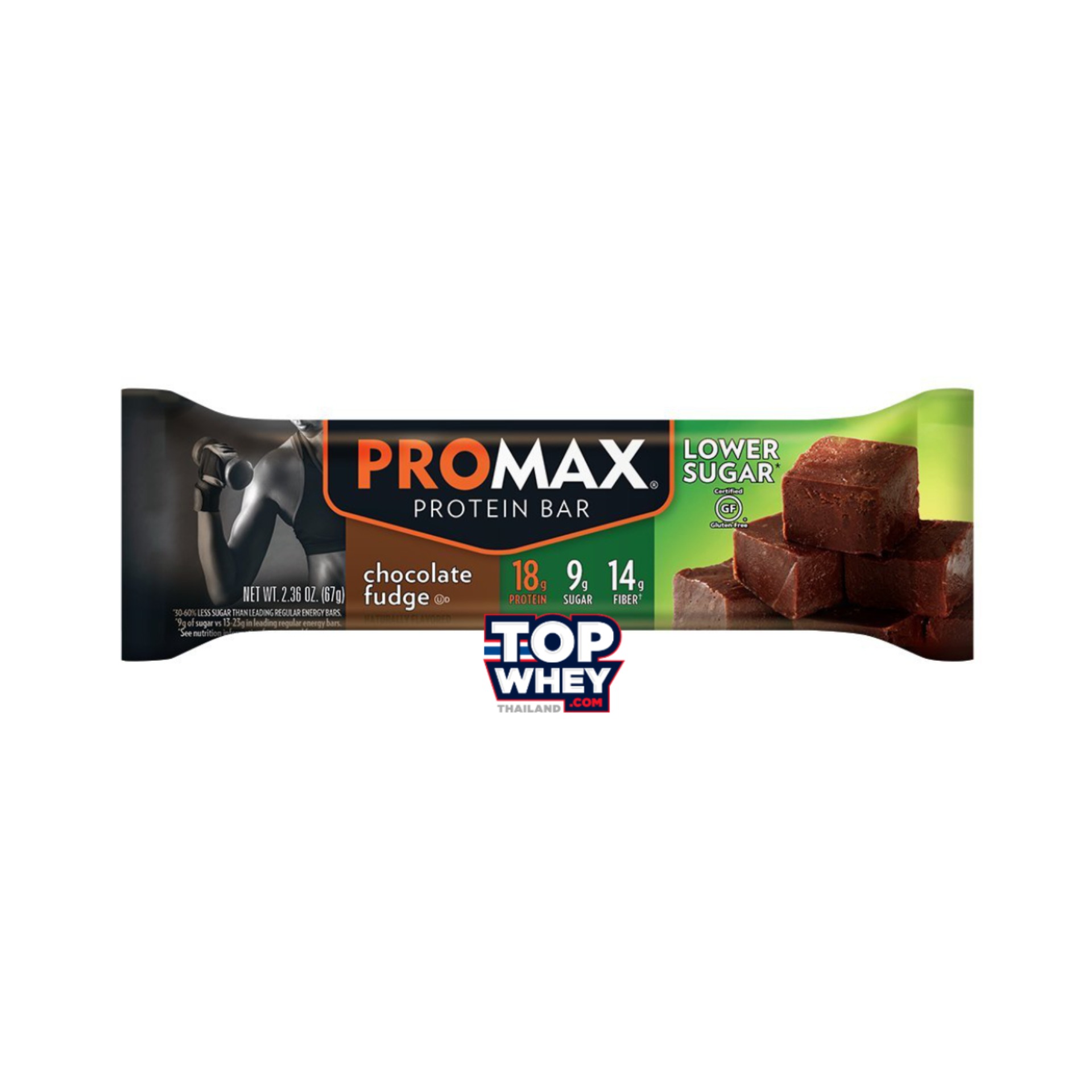 Promax Low Sugar Protein Bars - 1 Bar Chocolate Fudge  โปรตีนบาร์  มีส่วนผสมของเวย์โปรตีน  มีปริมาณน้ำตาลต่ำ  สามารถทานเล่น  หรือแทนมื้ออาหารได้  มีปริมาณของโปรตีนที่สูง