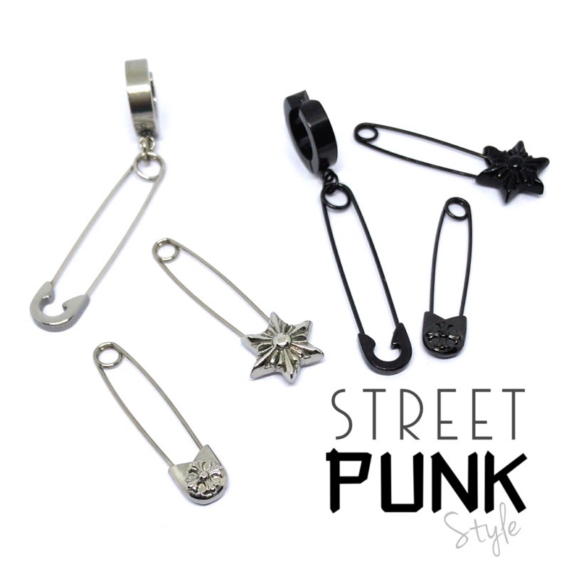 (YJ Store)street punk style ต่างหูเข็มกลัด สแตนเลสแท้