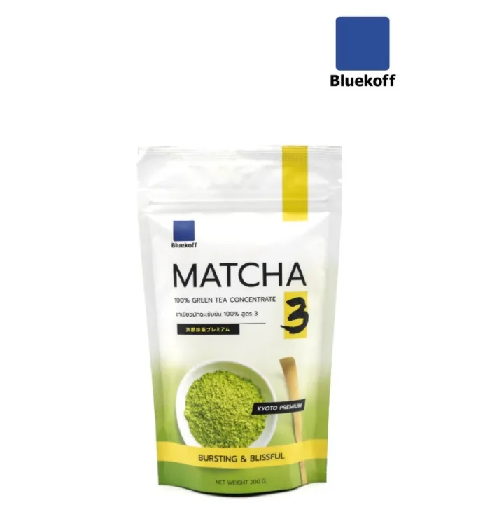 Bluekoff ผงชาเขียวมัทฉะ เข้มข้น 100 % เกรดพรีเมี่ยม Matcha Greentea Premium สูตร 3 (1ถุง บรรจุ 200 g.)