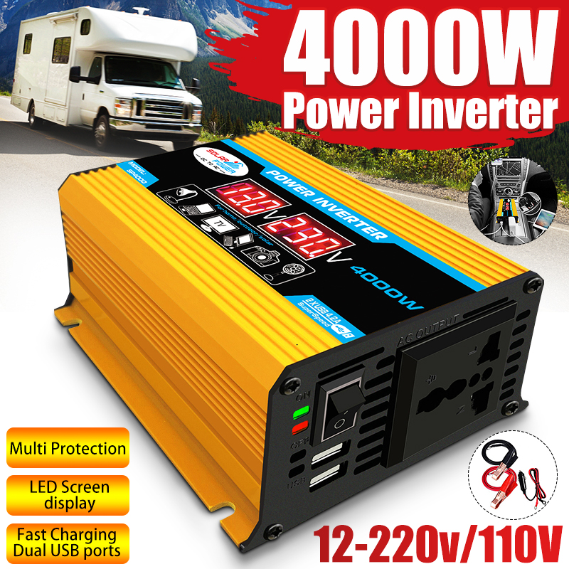 [ส่งจากภายในประเทศไทย+มีของ] 4000W 2แอลซีดี USB DC 12V 24V To AC 110V 220V รถอินเวอร์เตอร์พลังงานแสงอาทิตย์ Converter【12-220V 】