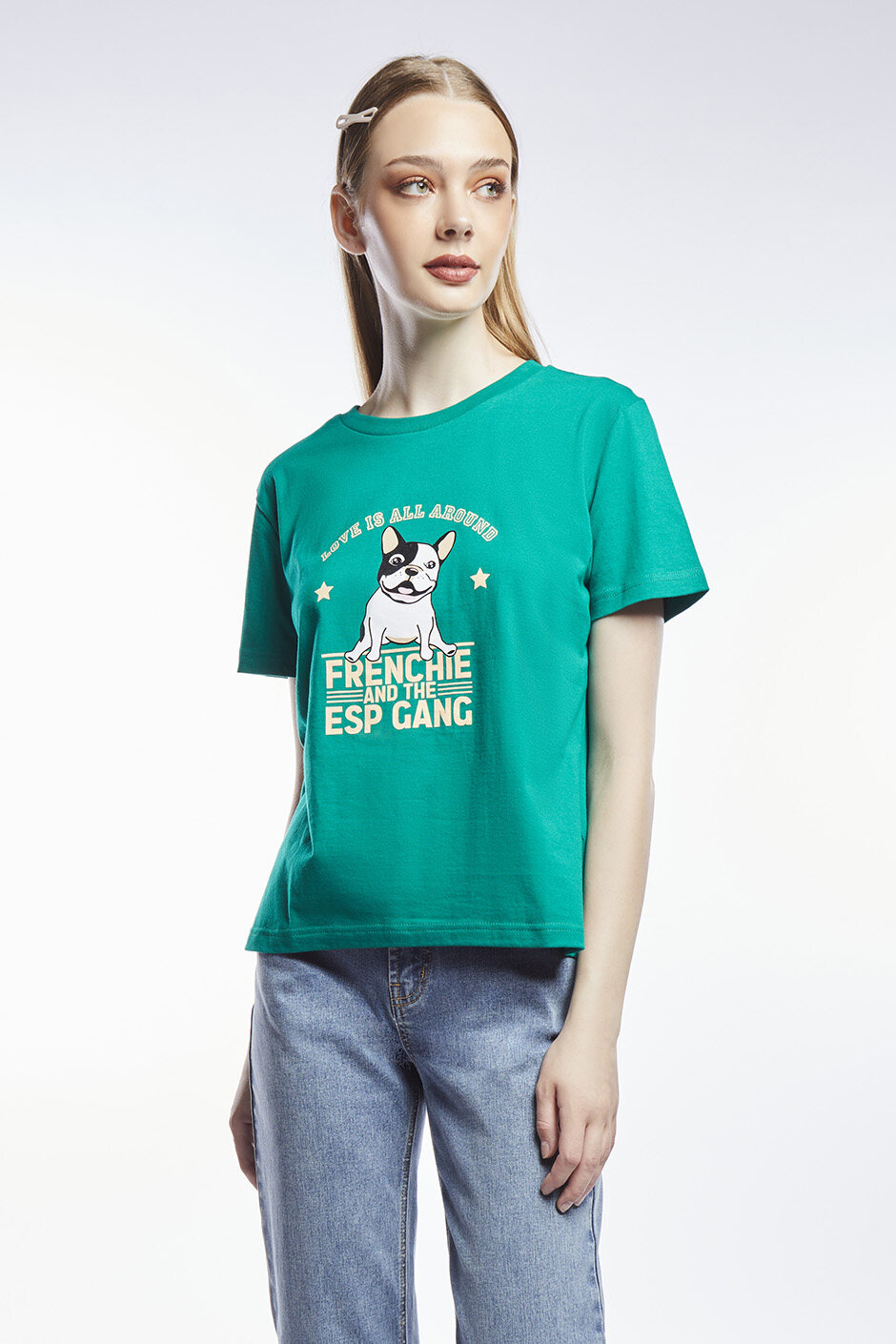 ESP เสื้อทีเชิ้ตลายเฟรนช์ชี่ ผู้หญิง สีเขียว | Frenchie Tee Shirt | 6059 ไซส์ Int S ไซส์ Int S