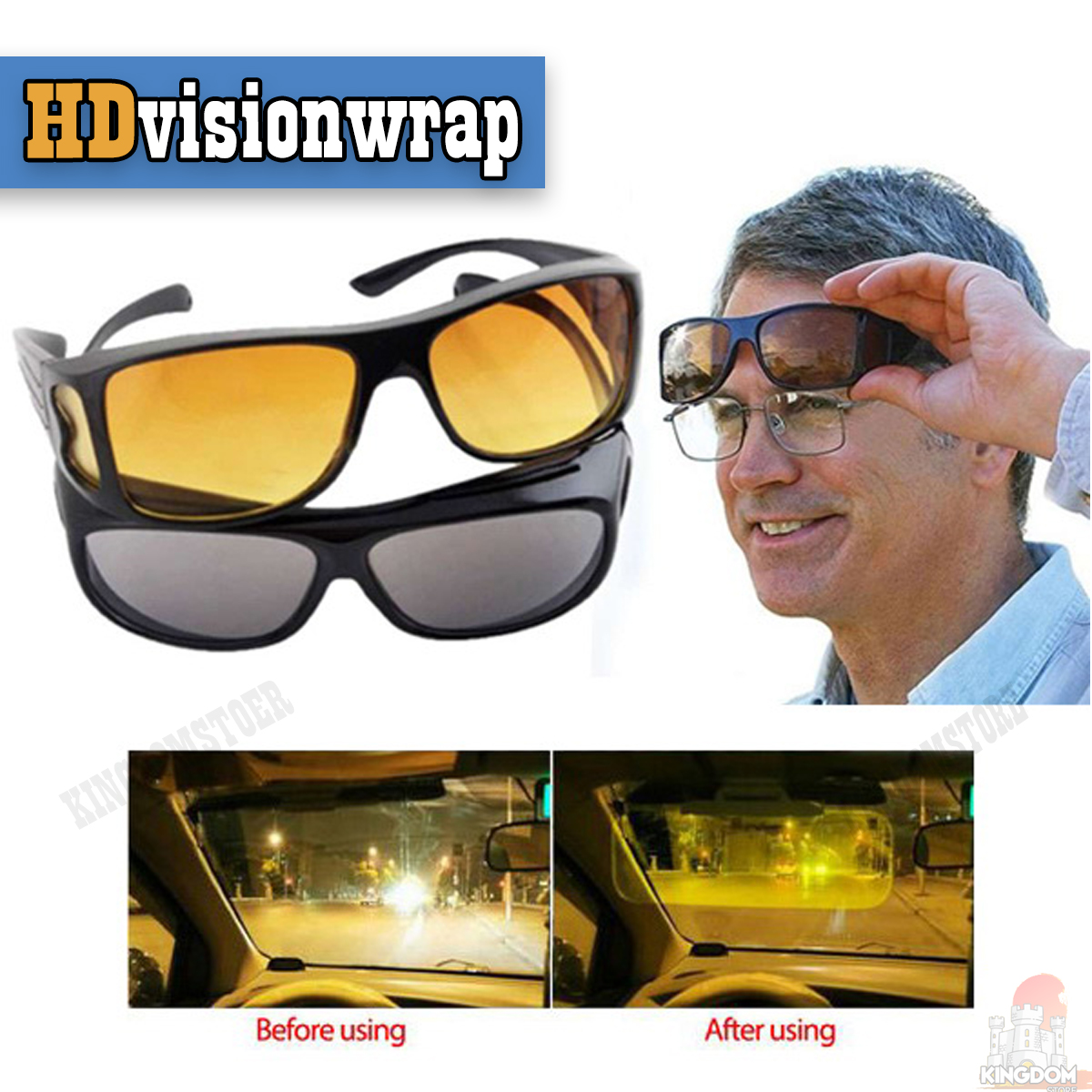HD vision wrapแว่นกันแดด แว่นใส่ขับรถ แว่นกรองแสง แว่นกันแดด/ขับรถ กลางวัน-กลางคืน HD Vision 2ชิ้น/ชุด