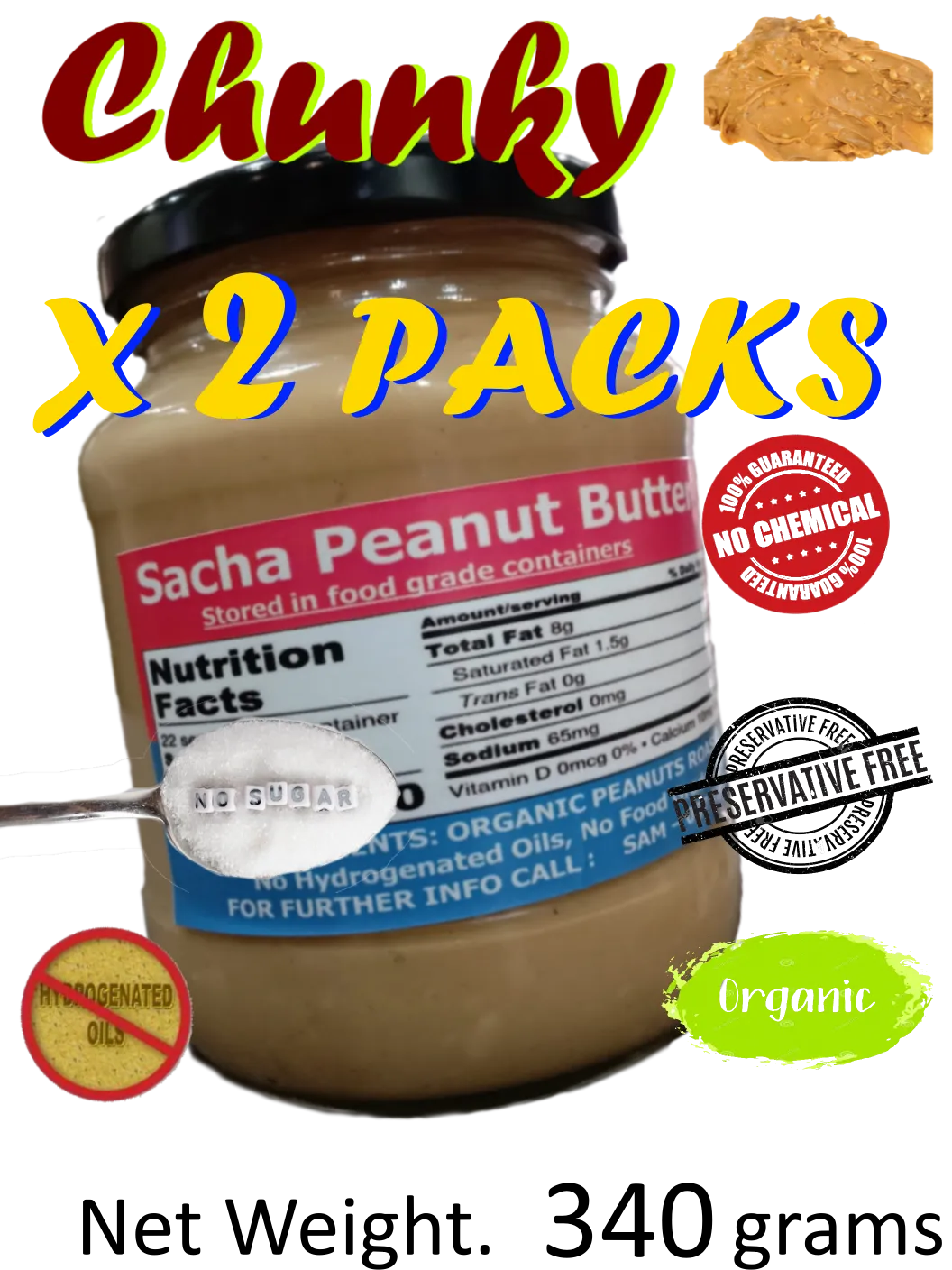 Sacha Peanut Butter (Chunky x 2 Packs) All Natural Organic (340 grams x 2 แพ็ค) - Free Delivery, ซาช่า-เนยถั่ว (ส่งฟรี)