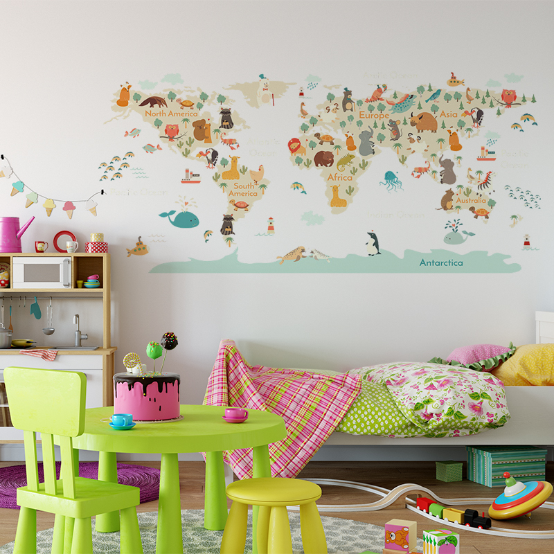 Cartoon Animals Map Wall Stickers for Kids room Bedroom Kindergarten ...