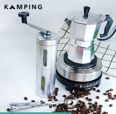 KAMPING (ชุด4 ชิ้น)หม้อต้มกาแฟสด มอคค่าพอท 3cup + เตาไฟฟ้ามินิ 500W + เครื่องบดมือหมุน + 2-1 ช้อนตักกาแฟ