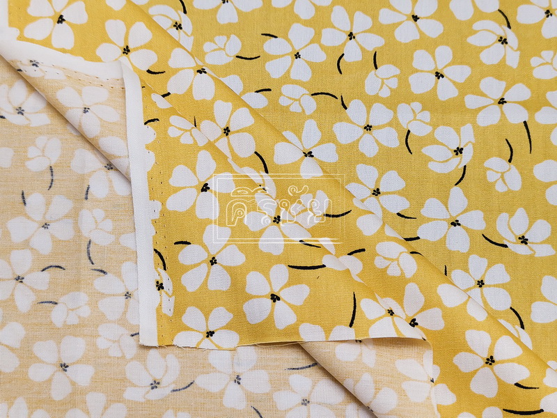 ผ้าเมตร ผ้าหลา ผ้าคอตต้อน 100% ลายดอกยี่โถ หน้ากว้าง 45 นิ้ว  สี เหลือง