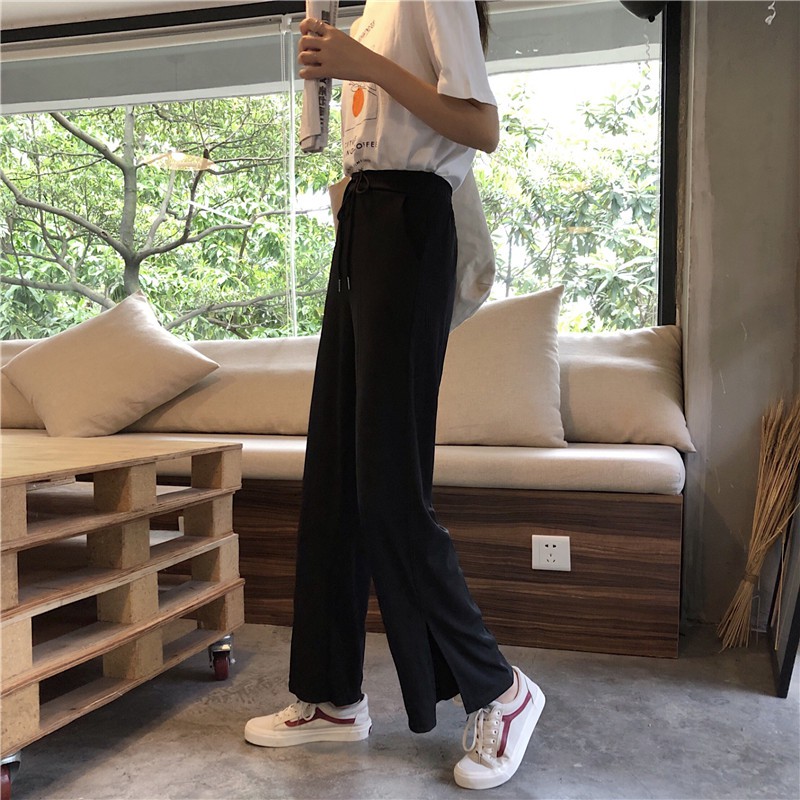 ULU2020กางเกงขายาวเอวสูง ผู้หญิง แฟชั่น กางเกงทรงหลวม  กางเกงทรงตรง กางเกงขากว้าง  ไตล์เกาหลี สีดำ