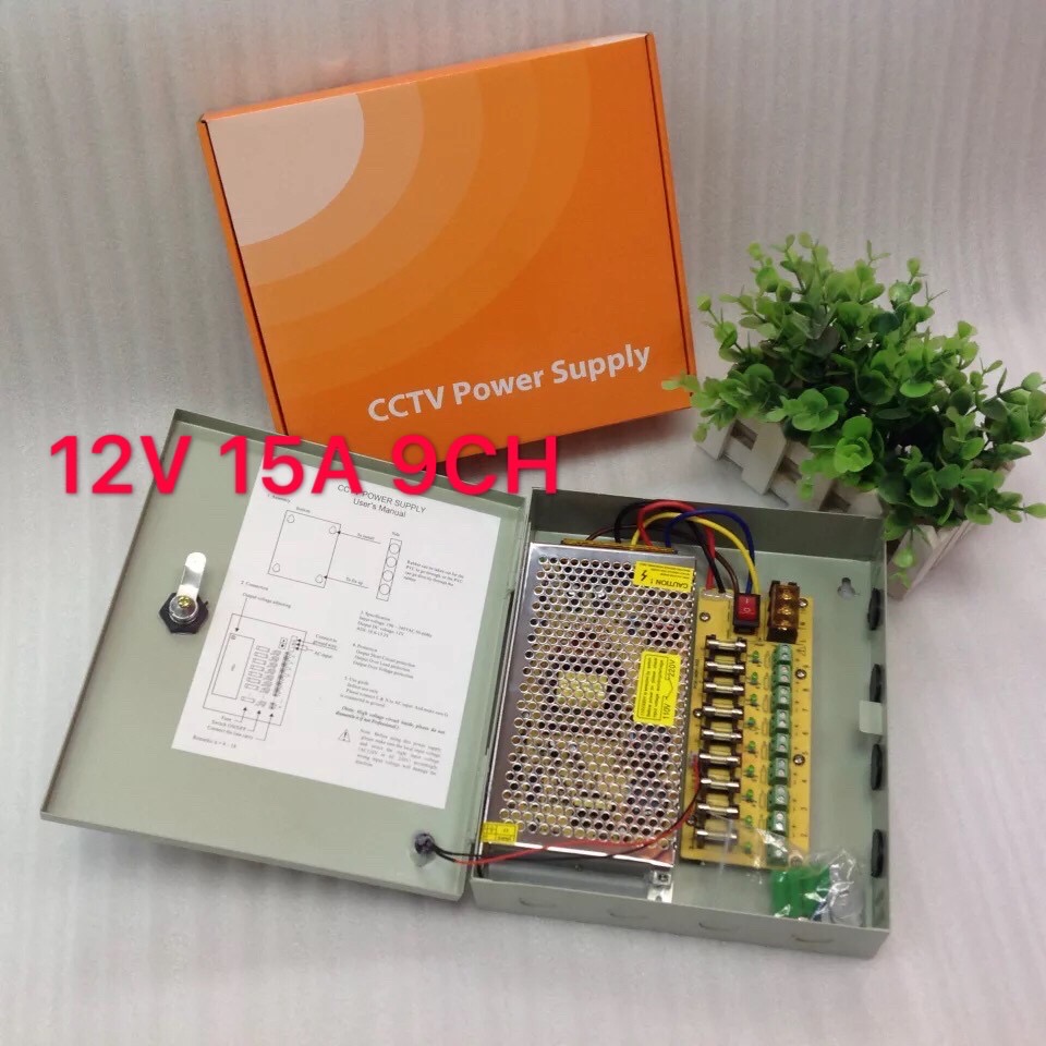 ตู้จ่ายไฟ 9 Ch. 12V 15A สำหรับกล้องวงจรปิด 8 จุด ไม่ต้องใช้อแดปเตอร์ Switching Power Supply (9 Channels port DC12V 15A 180W CCTV Camera Power Box)