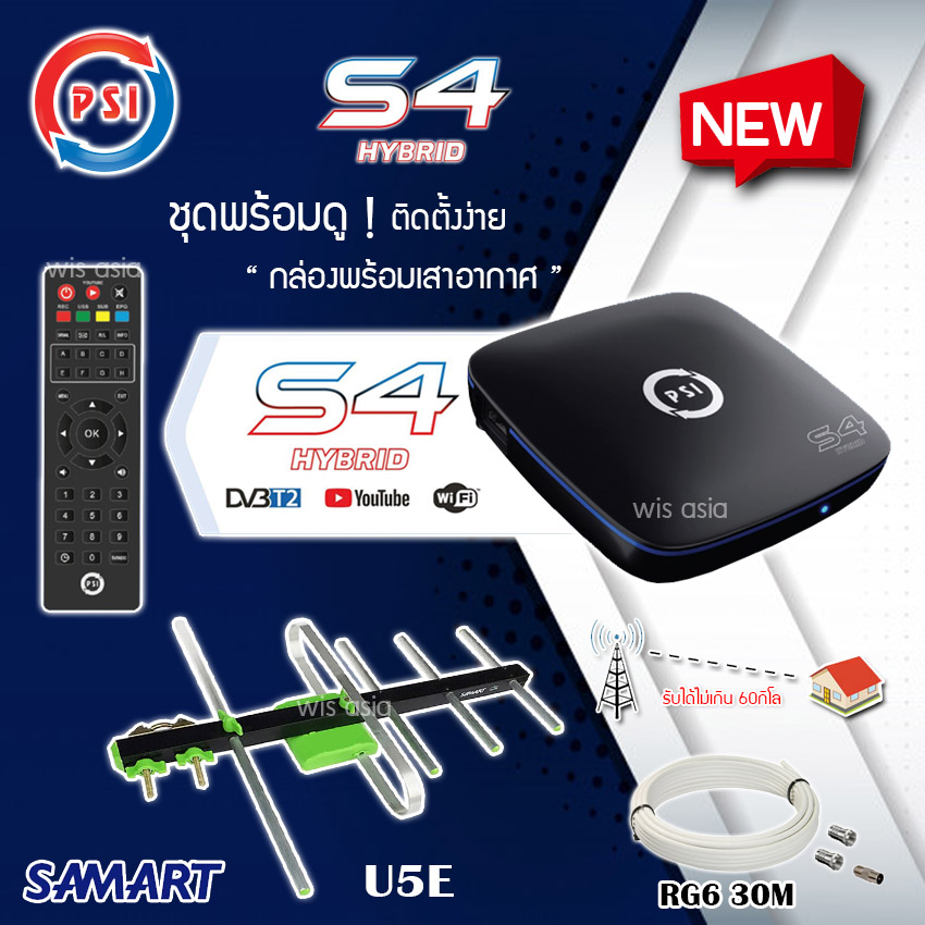 ?  กล่องดิจิตอลทีวี PSI S4 HYBRID   เสาอากาศ SAMART U5E แถมสายRG6พร้อมเข้าหัว ตามชุด