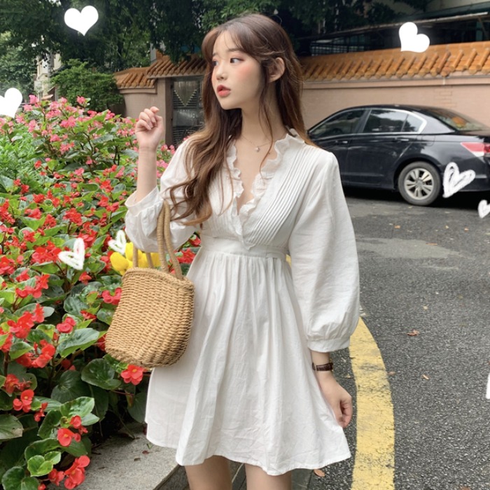พร้อมส่ง???? Korea cotton white dress เดรสแขนยาว เดรสสั้นแขนยาว Chawy