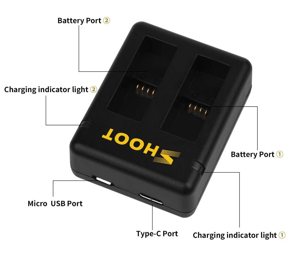 SHOOT Dual Port Battery Charger With 2pcs 1220mAh Battery For GoPro Hero 5 6 7 Super Sports