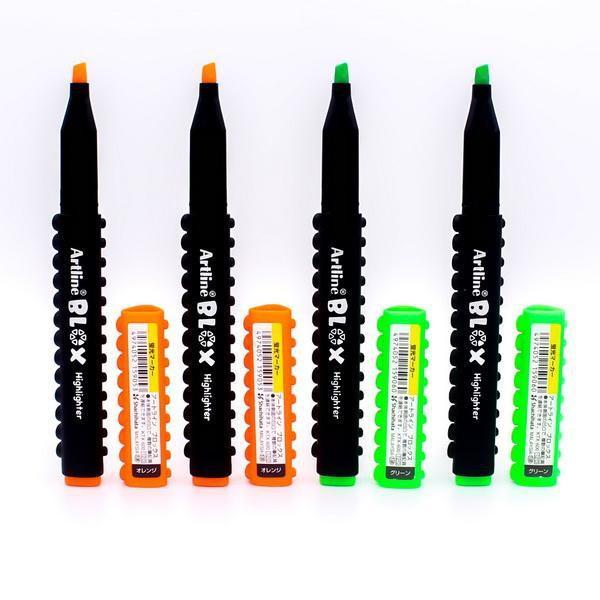 ปากกาเน้นข้อความ อาร์ทไลน์ Blox ชุด 4 ด้าม (สีเขียว, ส้ม) สามารถนำปากกามาต่อกันได้เป็นรูปร่างต่างๆ