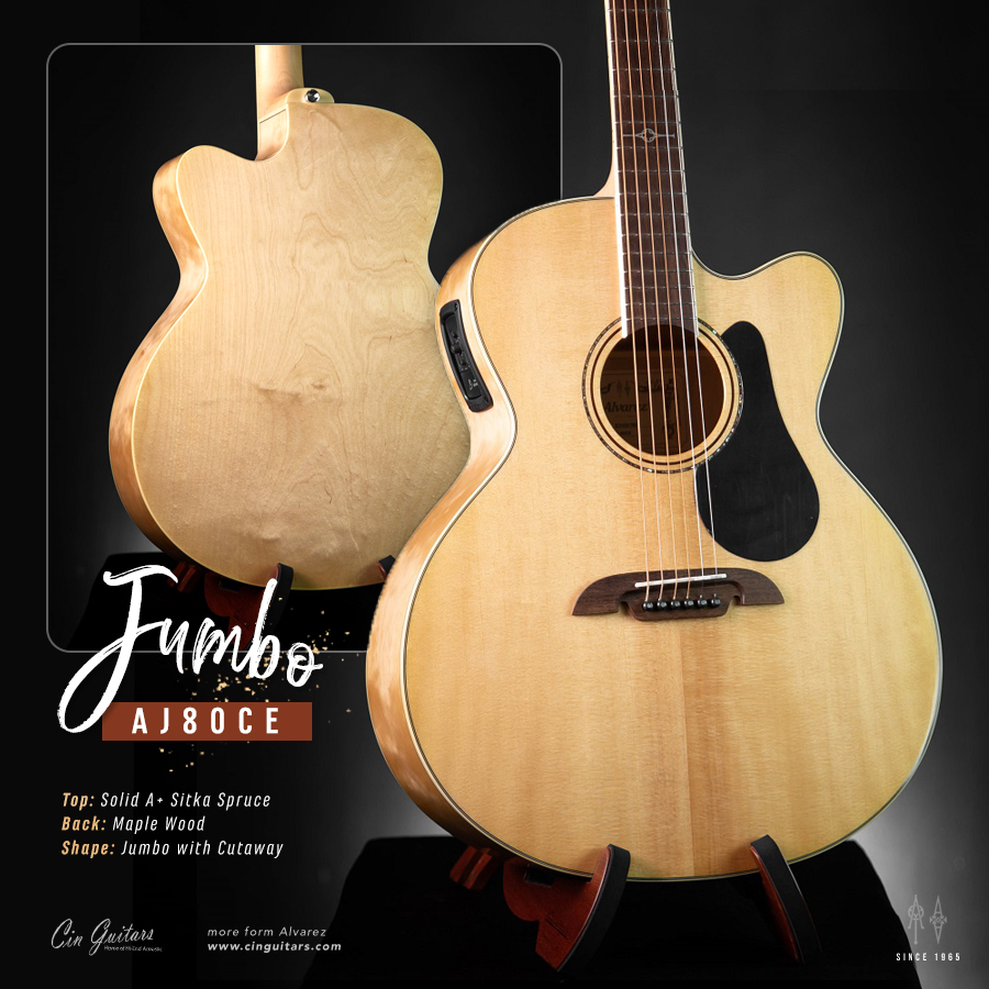 Alvarez AJ80CE กีตาร์โปร่งไฟฟ้าทรง Jumbo รุ่น Top Solid (A+ Sitka Spruce / Maple)