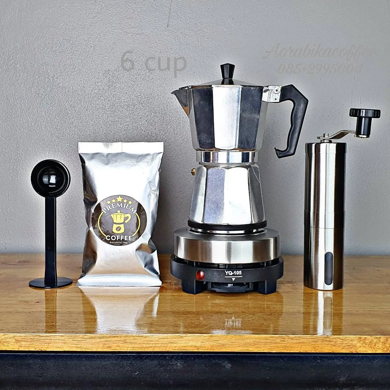 ชุดทำกาแฟสด Moka pot​ 6​cup​+ที่บดสแตนเลส+เตาไฟฟ้า​+ช้อน+เมล็ด​กาแฟ​ 100​กรัม​