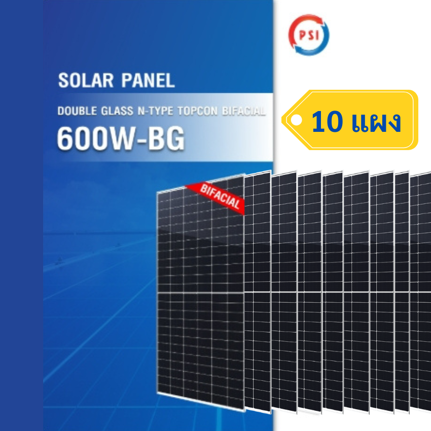อุปกรณ์แต่งสวนและกลางแจ้ง PSI แผงโซลาร์เซลล์ รุ่น 600W-Bg กระจกสองหน้า 10 แผง รับแสงได้ 2 ด้าน ราคา 49,500 บาท*ส่งฟรี