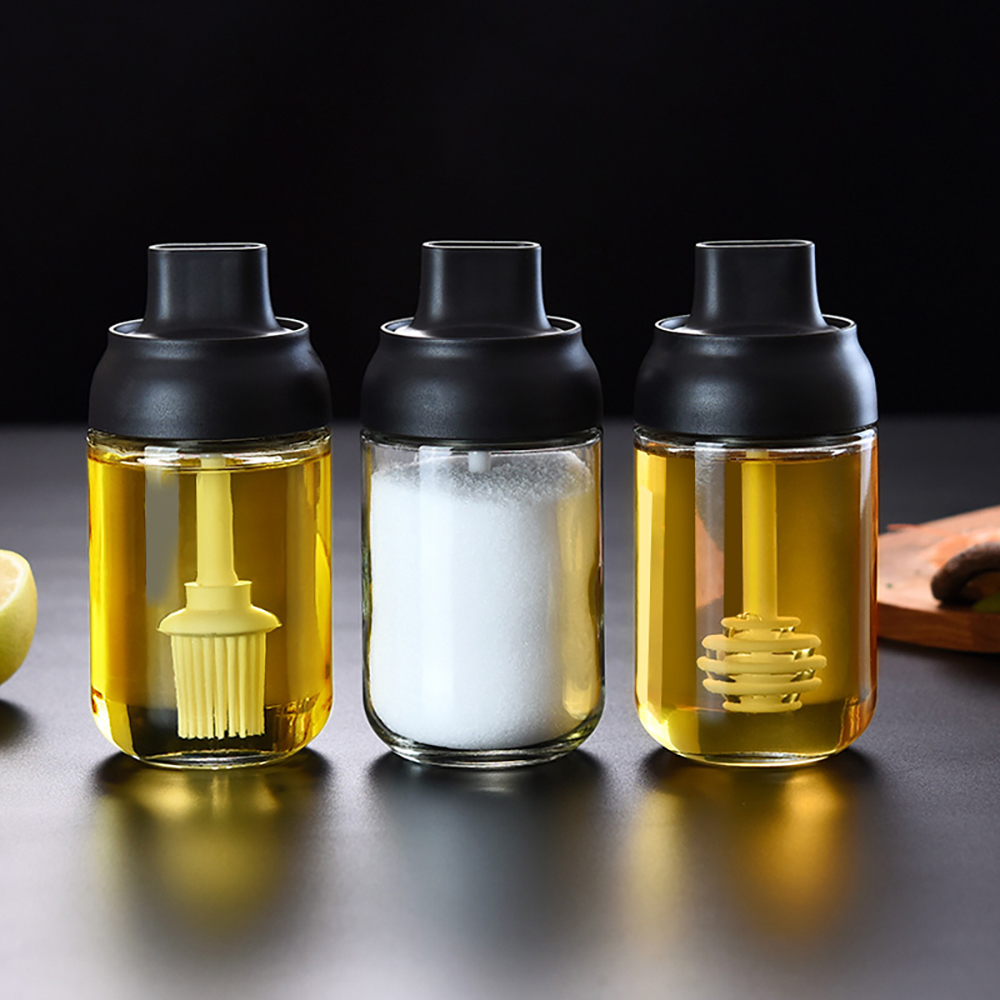 ครัวเครื่องเทศขวด กล่องรสที่มีฝาปิดขวดแก้วแปรงขวดน้ำมันขวดน้ำผึ้งน้ำมันหม้อภาชนะแก้วอุปกรณ์ครัวครัวการจัดเก็บ (1 ชิ้น)