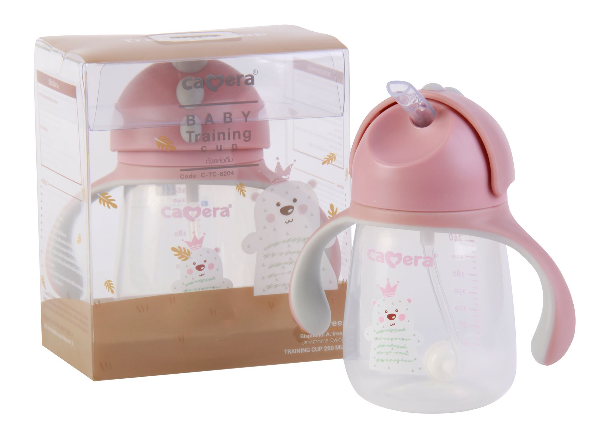 แก้วหัดดื่ม / ถ้วยหัดดื่ม Baby Training Cup สำหรับเด็ก 6 เดือนขึ้นไป ยี่ห้อ Camera  สีวัสดุ ฝาสไลด์ : หมีชมพู