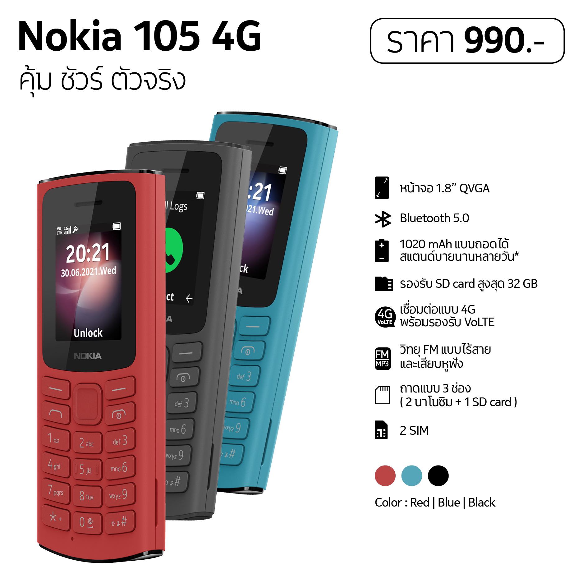 Nokia 105 4G ปุ่มกด คุ้ม ชัวร์ ตัวจริง เครื่องศูนย์ nokiaแท้ รับประกัน1ปี