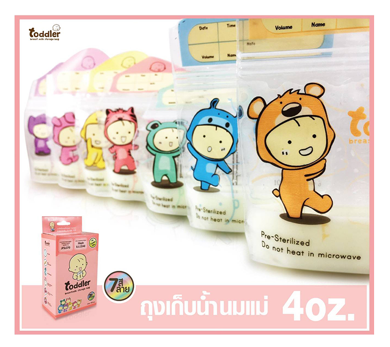 Toddler ถุงเก็บน้ำนมแม่ ขนาด 4 ออนซ์ 7 ลาย 7 สี 1 กล่อง มี 28 ใบ