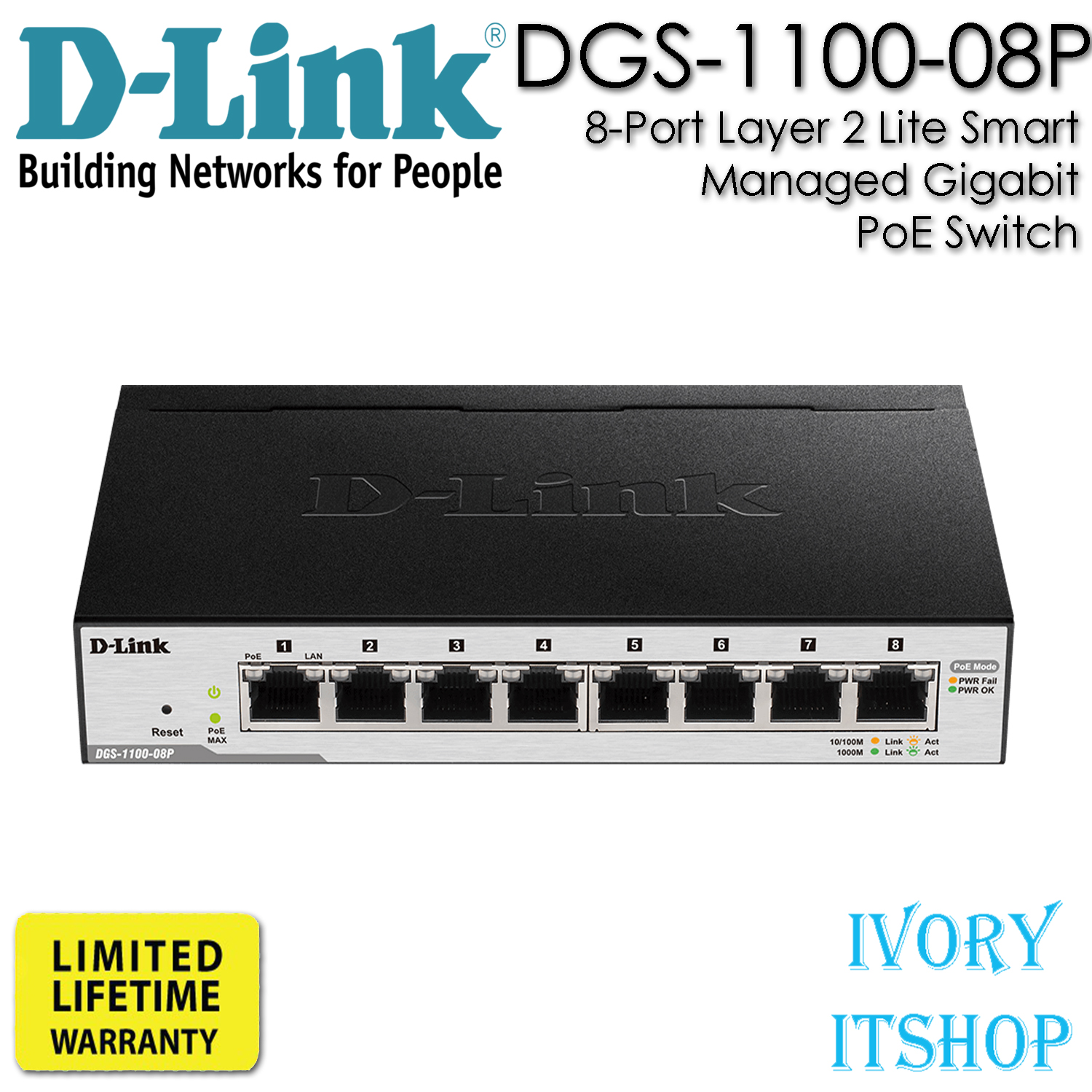 DLink 8Port Layer 2 Lite Smart Managed Gigabit PoE Switch DGS1100