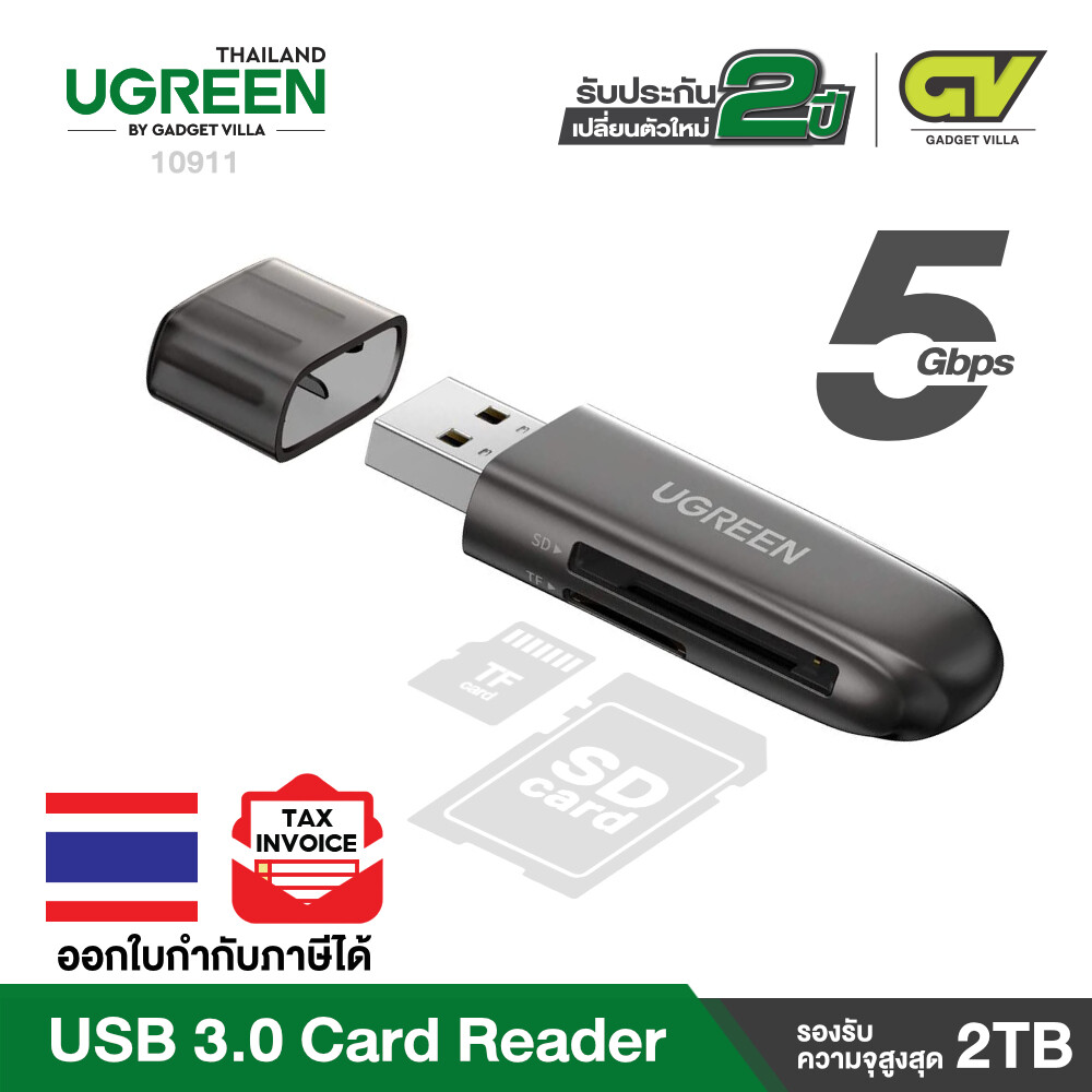UGREEN รุ่น 10911 ตัวแปลง SD Card Reader USB 3.0 Memory Card Reader Adapter Dual Slot for SD SDXC SDHC MMC RS-MMC Micro SDXC Micro SD Micro SDHC Card and UHS-I Cards