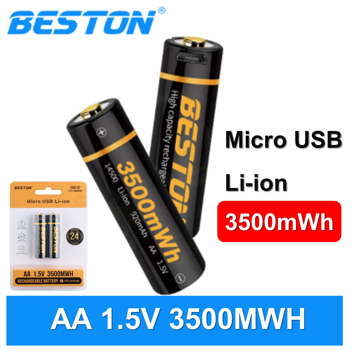 Beston ถ่านชาร์จ AA 1.5V 3500mWh Micro USB Li-ion Battery 2 ก้อน