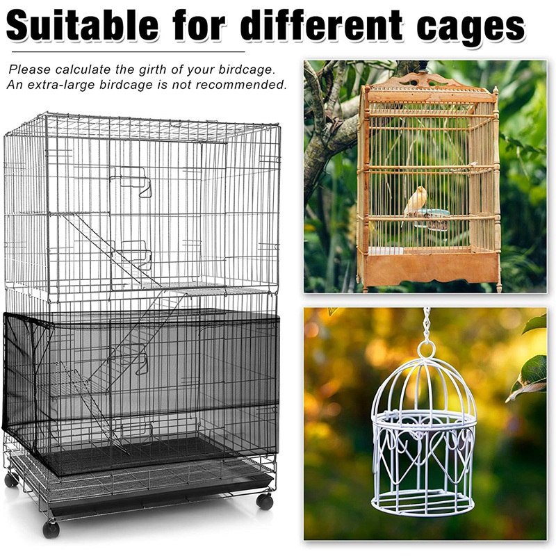 Adjustable Bird Cage Cover - Large Mesh Net Skirt For Round Or Square Cages, Feather & Seed Catcher (Black)