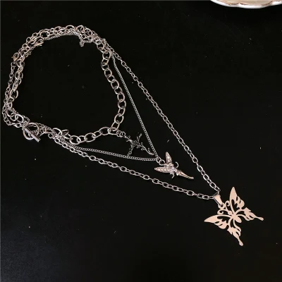 Kpop Gothic Harajuku Multi layer Angel Cross Rose Butterfly Pendant Chains Necklace For Egirl Women Men Punk Aesthetic Jewelry