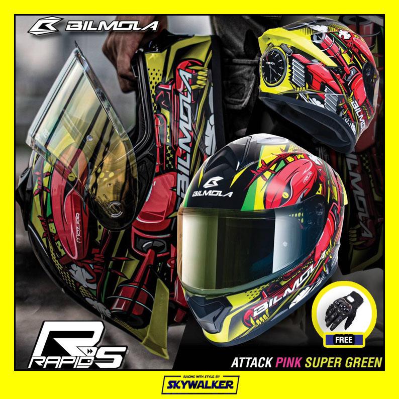 Bilmola หมวกกันน็อค รุ่น Rapid S Attack pink super green -NEW 2019- !!ฟรีถุงมือ!!
