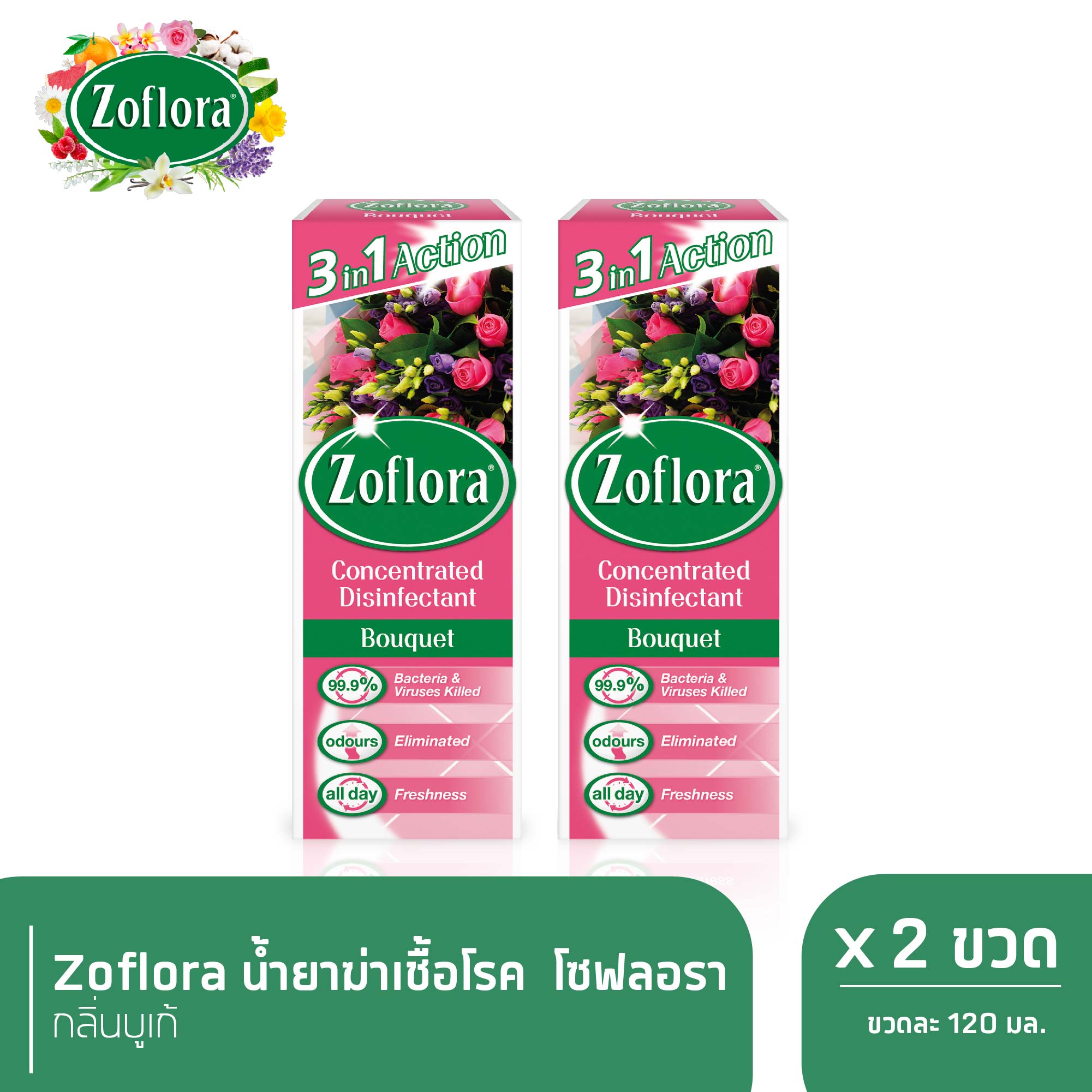 Zoflora น้ำยาฆ่าเชื้ออเนกประสงค์ สูตรเข้มข้น โซฟลอรา กลิ่นบูเก้ 120 มล. x 2