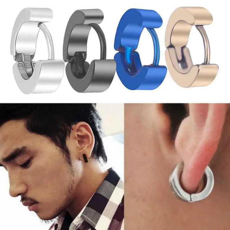 ต่างหู ตุ้มหู จิว ต่างหูผู้ชาย Punk Men Black Stainless Steel Hoop Piercing Round Earrings Neutral Earring for Women Men Fashion Jewelry Brincos Unisex- 1 ข้าง