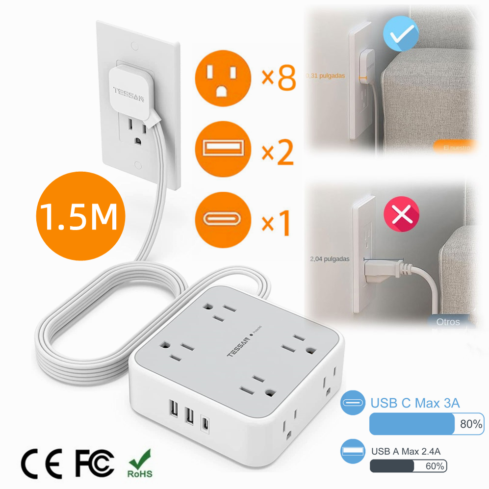 Ultra Thin Power Strip Extension Cord, TESSAN Thin Plug Plug Extension