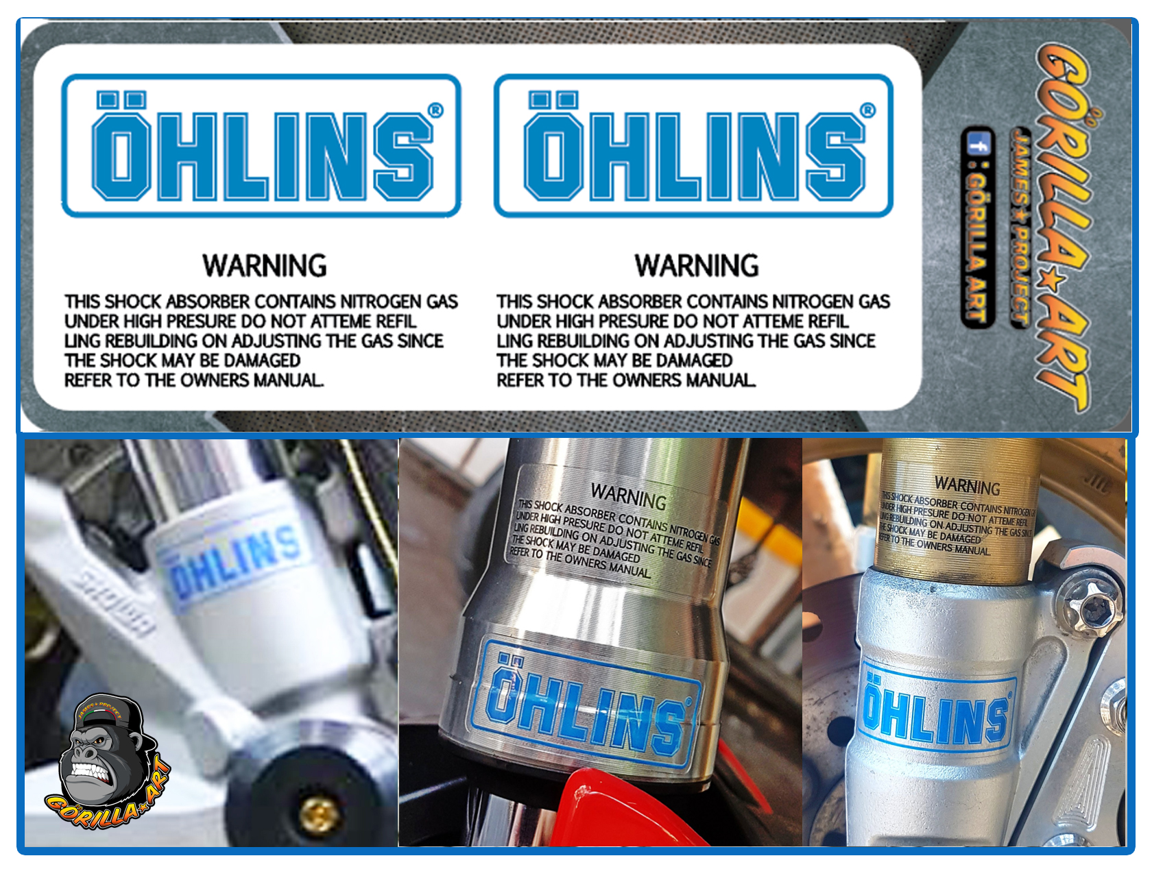 สติ๊กเกอร์ติด โช๊ค Ohlins v-1 Sticker เกรดพรีเมี่ยม ( พื้นใสอักษรฟ้า ) / Motorcycle Sticker shock absorber Ohlins