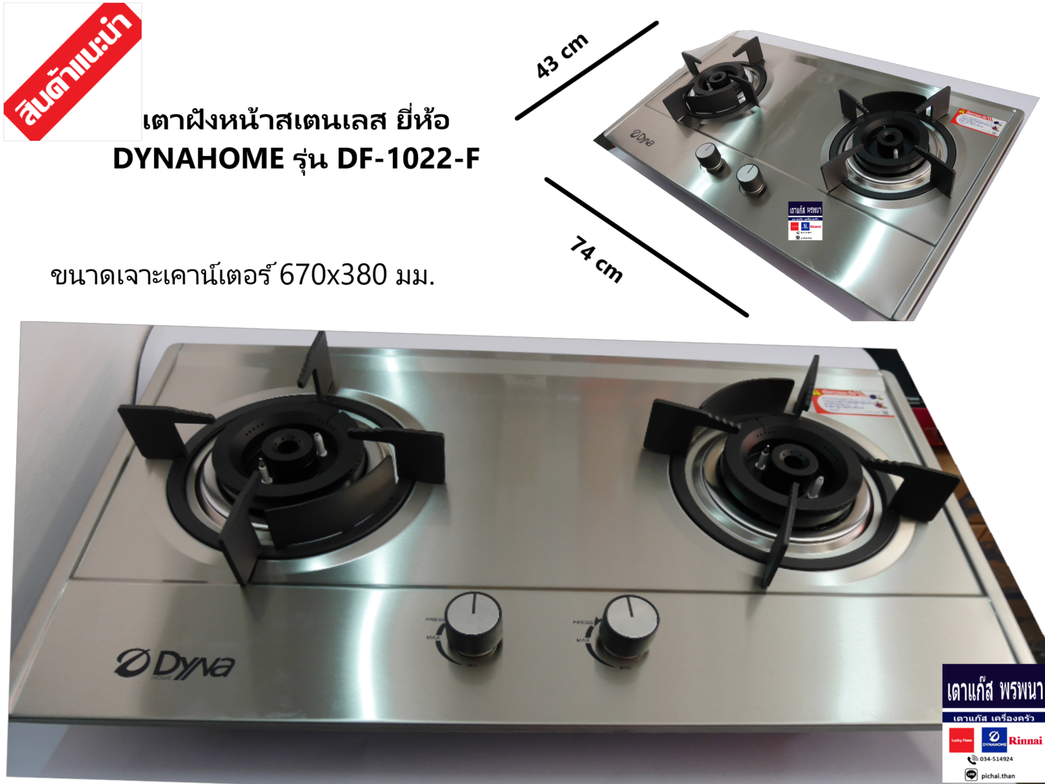 DYNA HOME รุ่น DF-1022-F เตาแก๊สหน้าสแตนเลส แบบฝัง หัวเตาทองเหลือง 2 หัวเตา