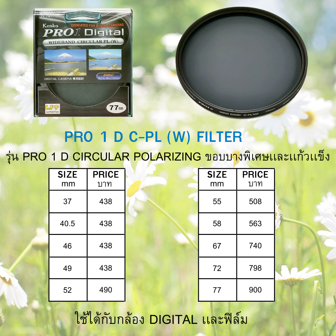 KENKO PRO 1 D circular polarizing (W) filter ขอบบางพิเศษเเละเเก้วเเข็ง ขนาด 37-77 mm.
