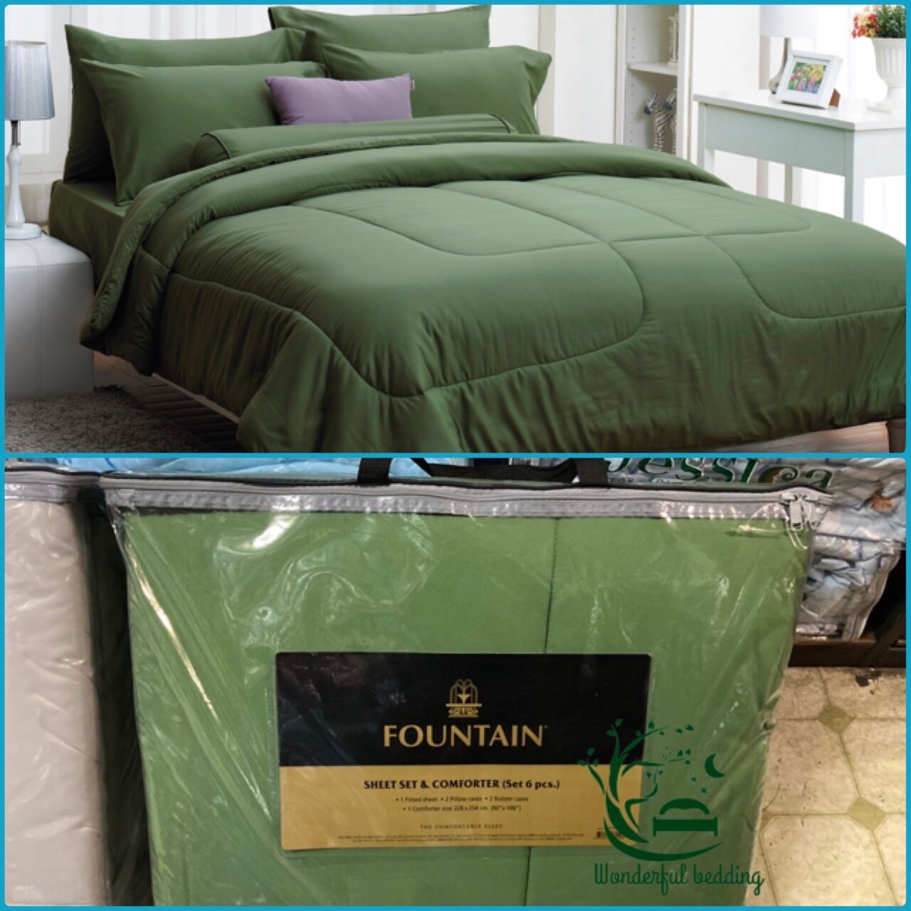 FOUNTAIN ผ้านวม + ชุดผ้าปู ผ้าปู ที่นอน แท้ 100% FTC สีพื้น เขียว Green Gray เทา ขนาด 3.5 5 6ฟุต ชุดเครื่องนอน ผ้านวม ผ้าปูที่นอน wonderful bedding  สี → Greenขนาดสินค้า 5 ฟุต