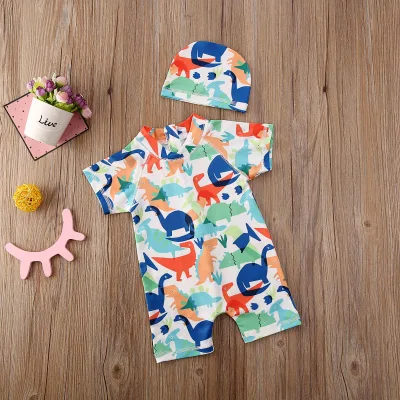Toddler Boys Baby Kids Dinosaurs Pattern One Piece Swimsuit Sun Protective Safe Swimming Costume with UV Hat