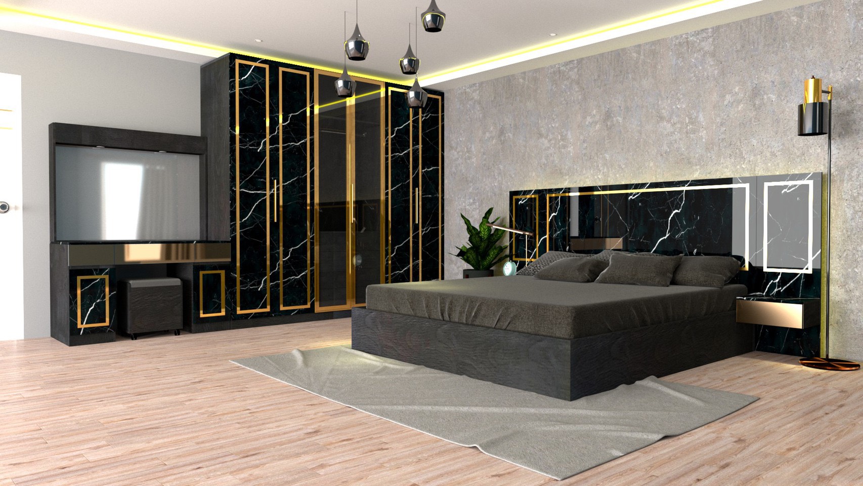 RF Furniture ชุดห้องนอน 6ฟุต รุ่น Jessica B ( เตียง 6ฟุต +ตู้หัวเตียง 2ข้าง+โต๊ะแป้ง 120 ซม.+ตู้เสื้อผ้า 2.40ม. ) Bedroom Set สี AG/DM/GL