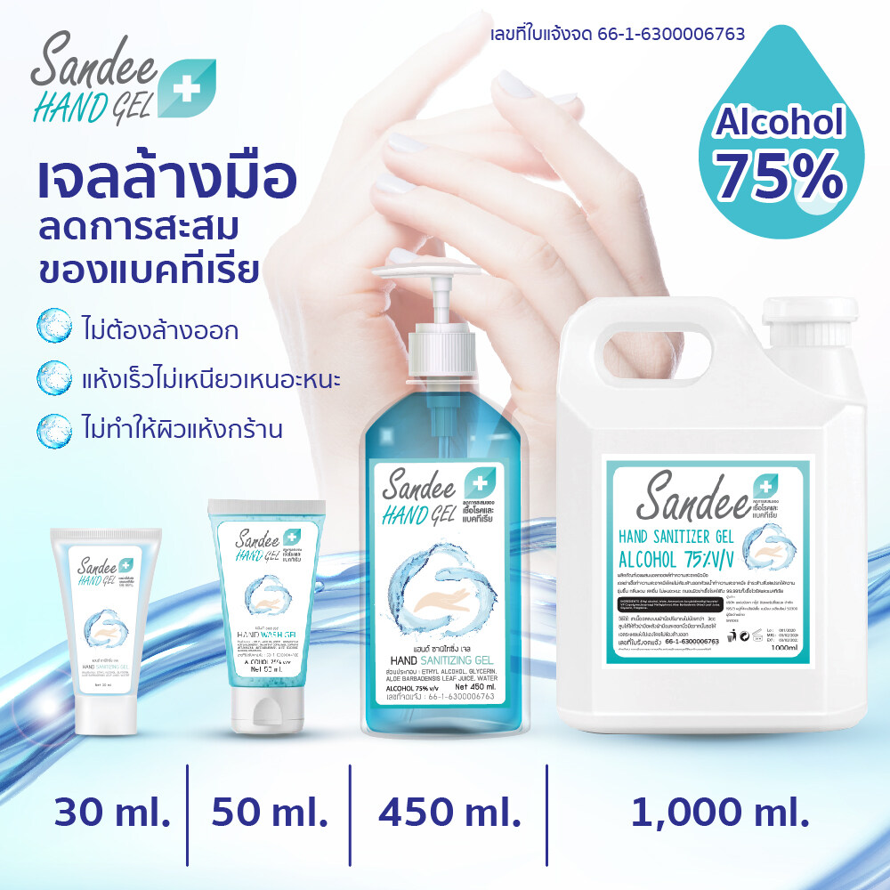 Sandee Hand Gel เจลล้างมือ แอลกอฮอล์75% ฟู๊ดเกรด ลดการสะสมของแบคทีเรีย ปลอดภัย ได้มาตรฐาน ซีลทั้งหลอด