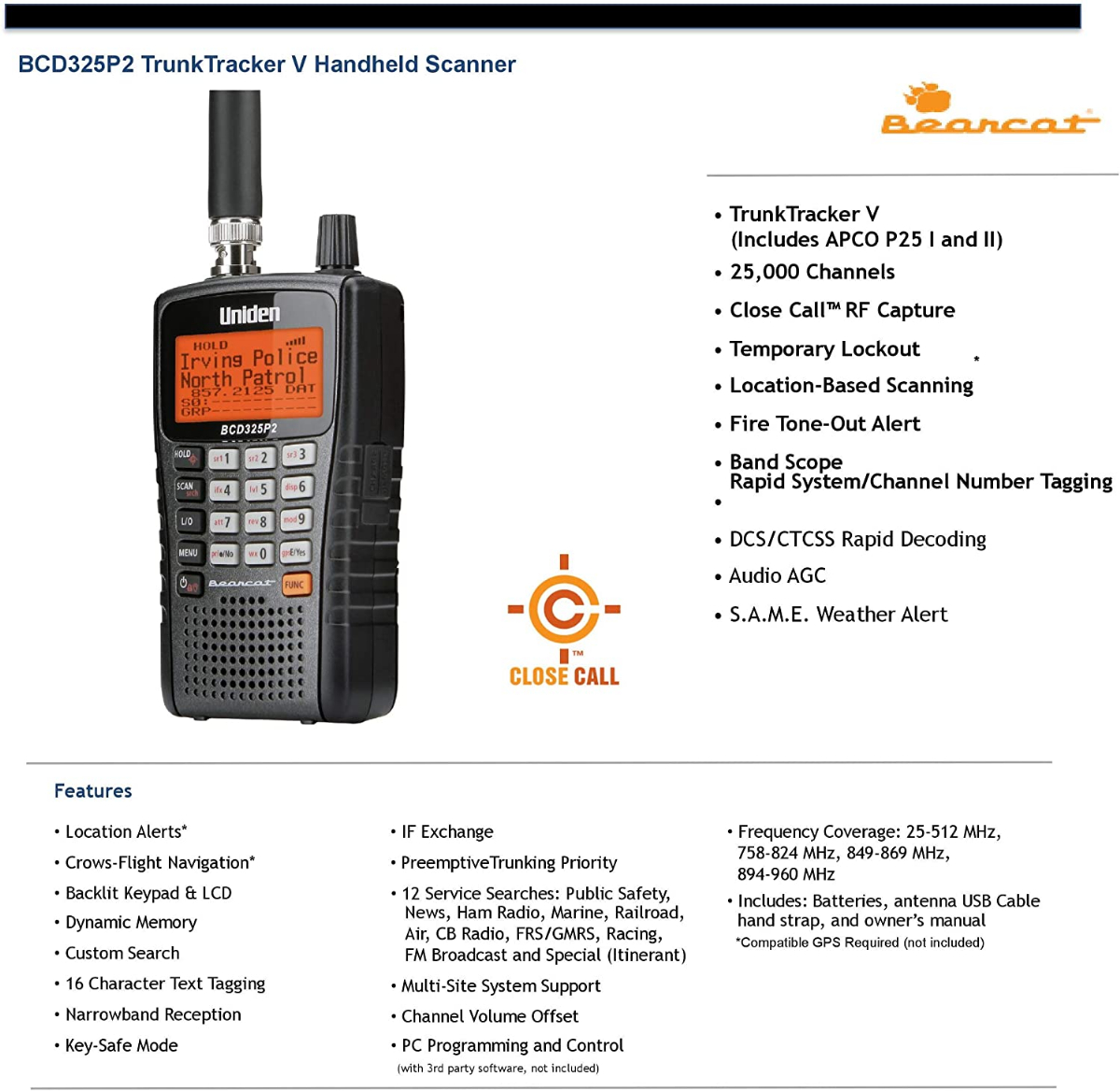 Uniden BCD325P2 Handheld TrunkTracker V Scanner. 25,000 Dynamically