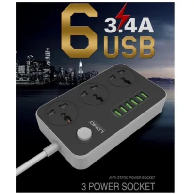☒❡ LDNIO SC3604 Power Strip with 3AC Sockets 6USB Ports - Black/EU Plug